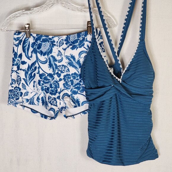 Rotita Peacock Blue Criss Cross Ties Floral Bottom Poly Span Tankini Set Size S - Picture 4 of 16